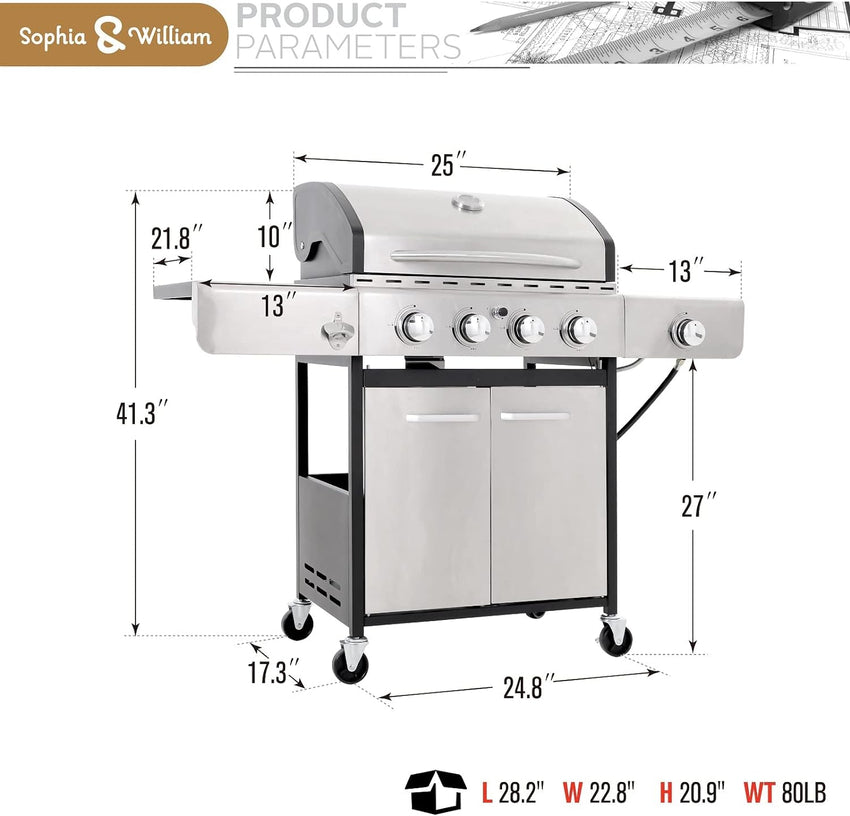 Burner Gas grill with side burner and enameled cast iron grille 42.000BTU outdoor cooking stainless steel propane grill Garden grill. silver