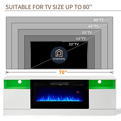 Oneinmil Fireplace TV Stand with 36 Electric Fireplace. LED Light Entertainment Center. Modern Wood. White