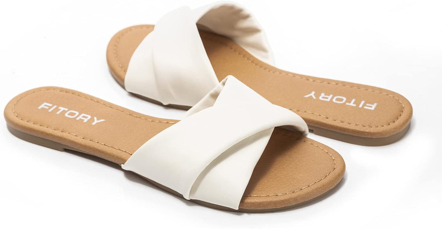 Women's Flat Sandals Fashion Slides With Soft Leather Slippers