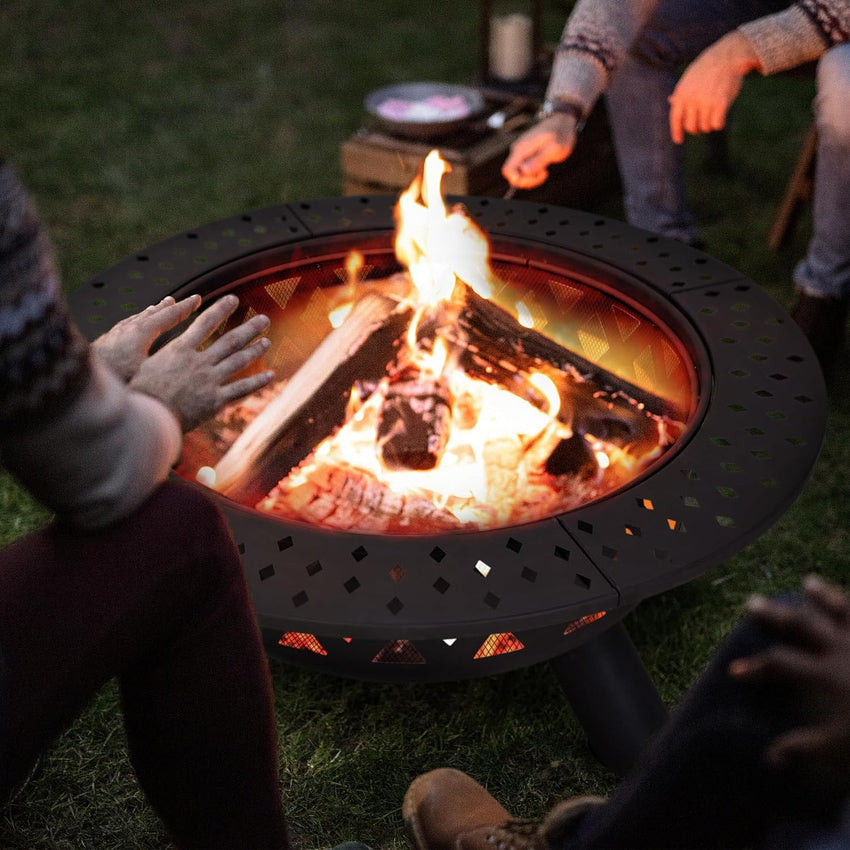 SUNCREAT 42 Patio Fire Pit Wood Burning with Mesh Spark Screen. Bonfire Outdoor firepit with Fireplace Poker. Black