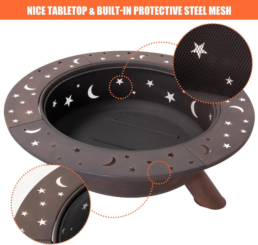 SUNCREAT 42 Patio Fire Pit Wood Burning with Mesh Spark Screen. Bonfire Outdoor firepit with Fireplace Poker. Black