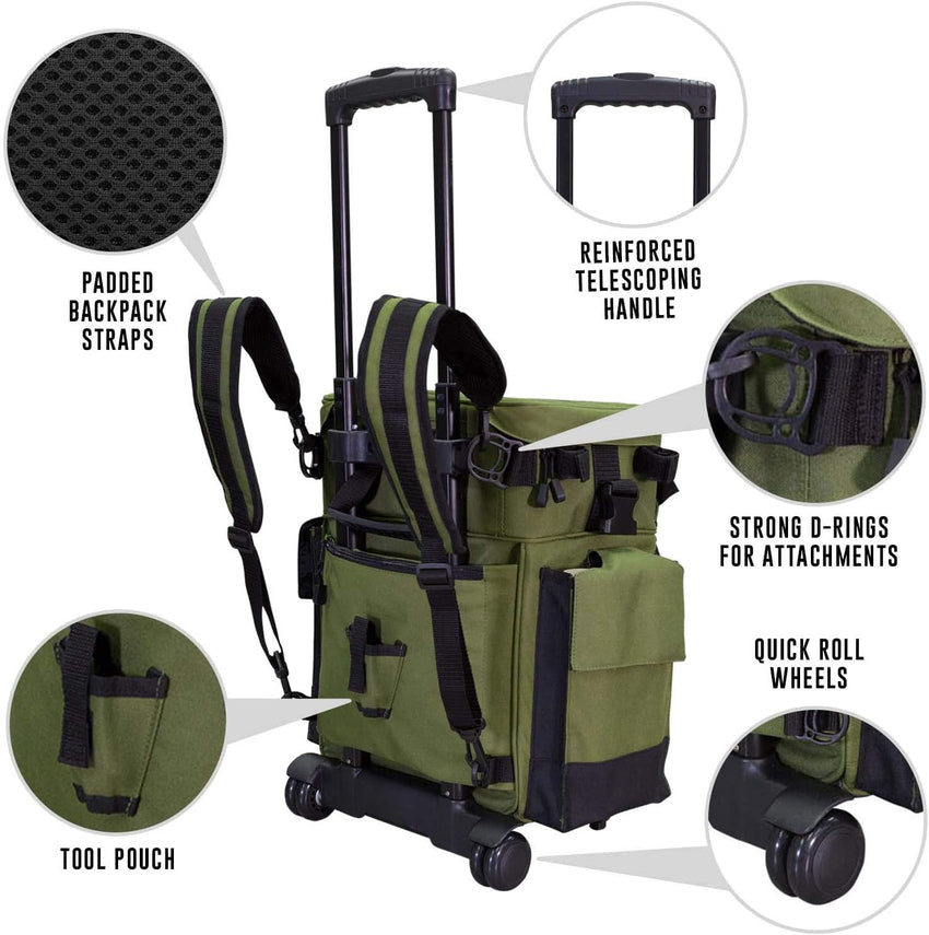 Elkton Outdoors Rolling Tackle Box with Wheels - Waterproof Rolling Fishing Backpack. 5 Removable Tackle Trays. 4 Rod Holders. Fishing Gifts for Men. Fish Tackle Bag. Roller Tackle Box