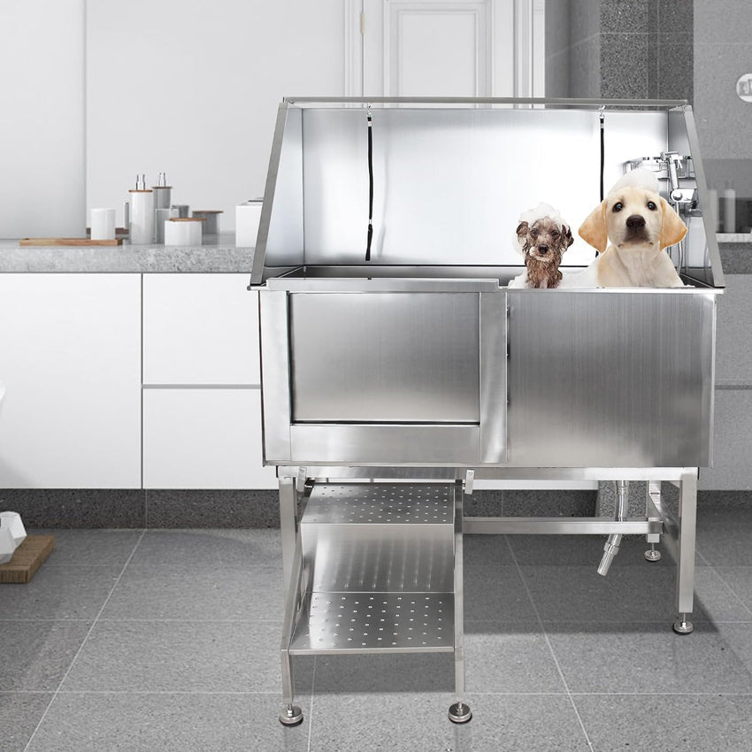 50 Dog Wash Bathtub. Pet Wash Station. Professional Stainless Steel Dog Grooming Tub with Ramp. Faucet. Sprayer. Drain Kit. Right Door