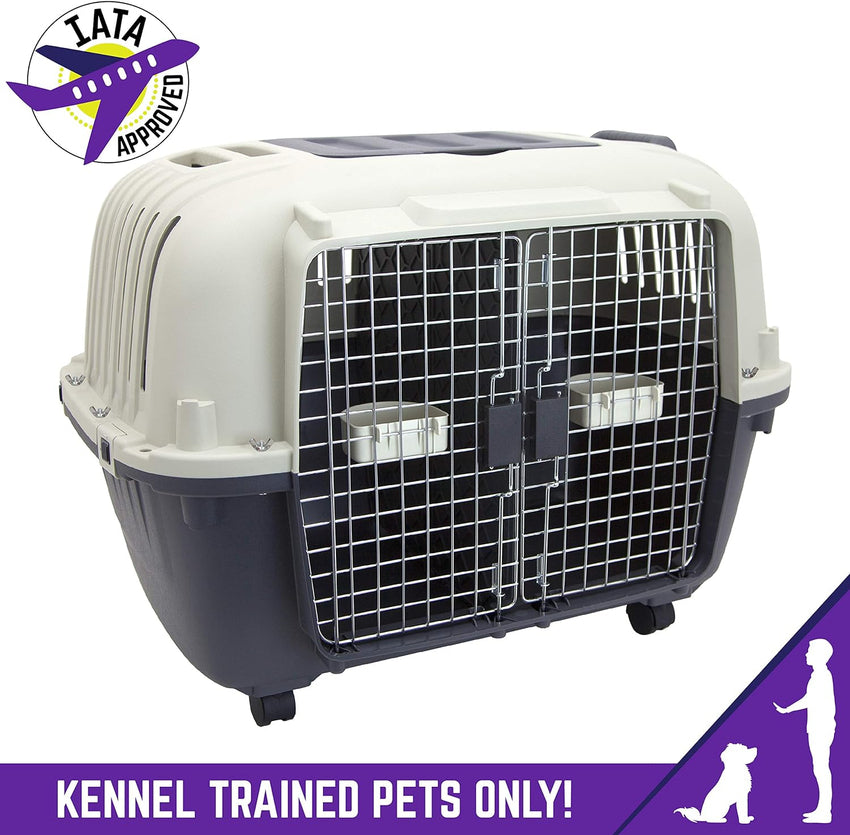 SportPet Designs Plastic Kennels Rolling Plastic Airline Approved Wire Door Travel Dog Crate. XXX-Large. Gray