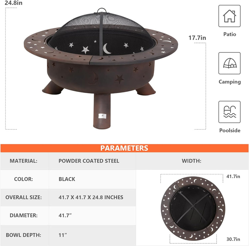 SUNCREAT 42 Patio Fire Pit Wood Burning with Mesh Spark Screen. Bonfire Outdoor firepit with Fireplace Poker. Black