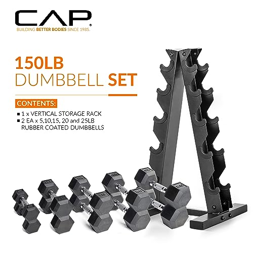 CAP Barbell 150 LB Coated Hex Dumbbell Weight Set with Vertical Rack. Black